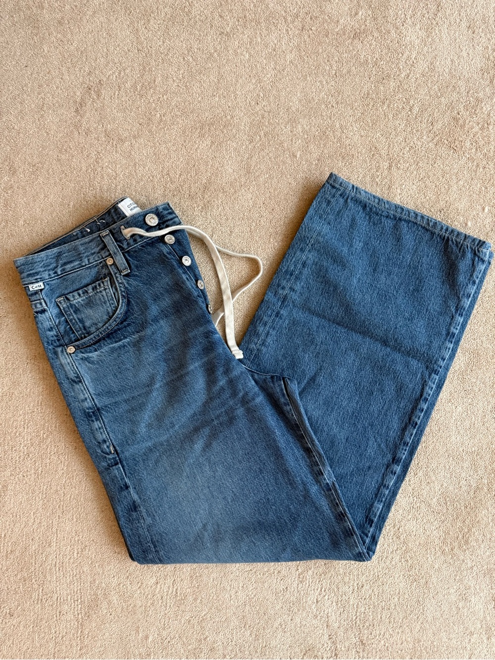 Citizens Of Humanity Blue Wide Leg Jeans with Tie Waist and Button Fly